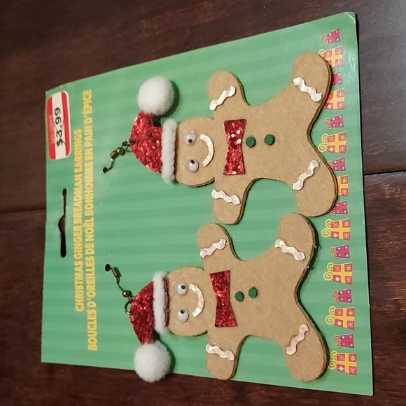 Runaway Gingerbread Man Red Ugly Sweater Christmas Party w/ Festive Earrings - Picture 3 of 8